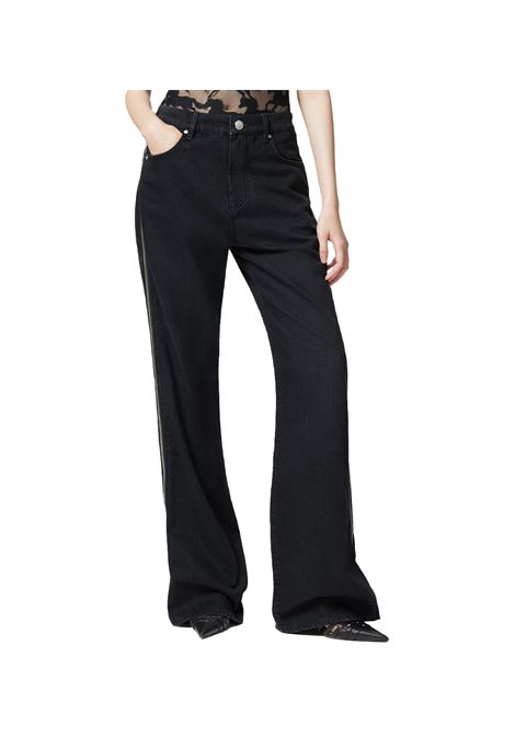 Jeans Pinko donna Wanda Wide Leg Zip 104928 A2HF Nero cotone viscosa denim black gamba dritta e ampia vita leggermente bassa inserto satin pizzo  PINKO | Jeans | 104928 A2HFZ99